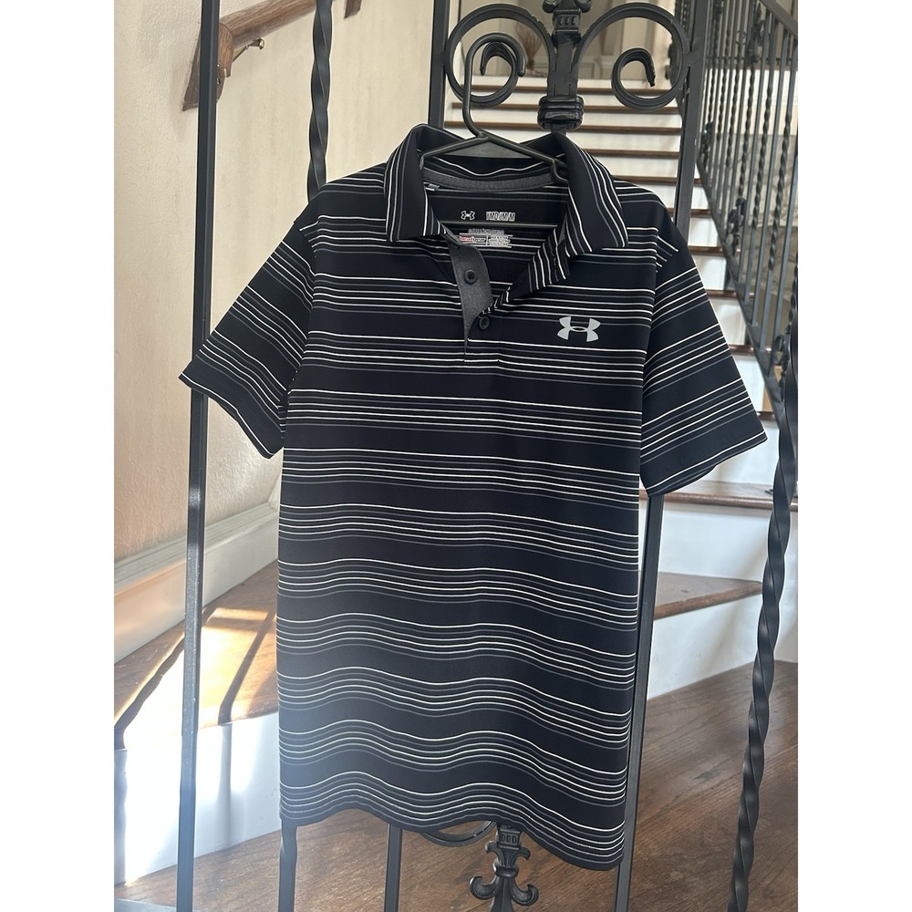 Boy's Medium 10-12 Under Armour Shirt Polo Striped Heat Gear Black/Gray Golf